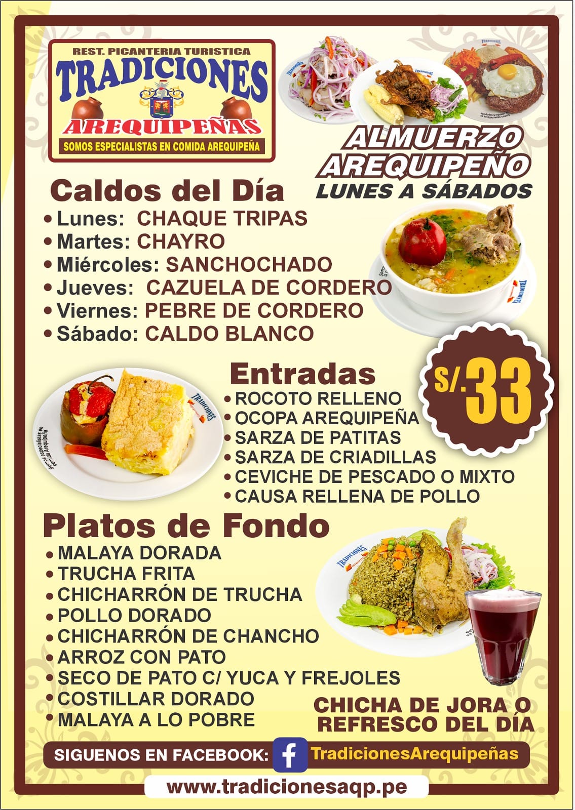 Carta Tradiciones Arequipeñas: almuerzo arequipeño de lunes a sábado, caldos del día, entradas y platos de fondo